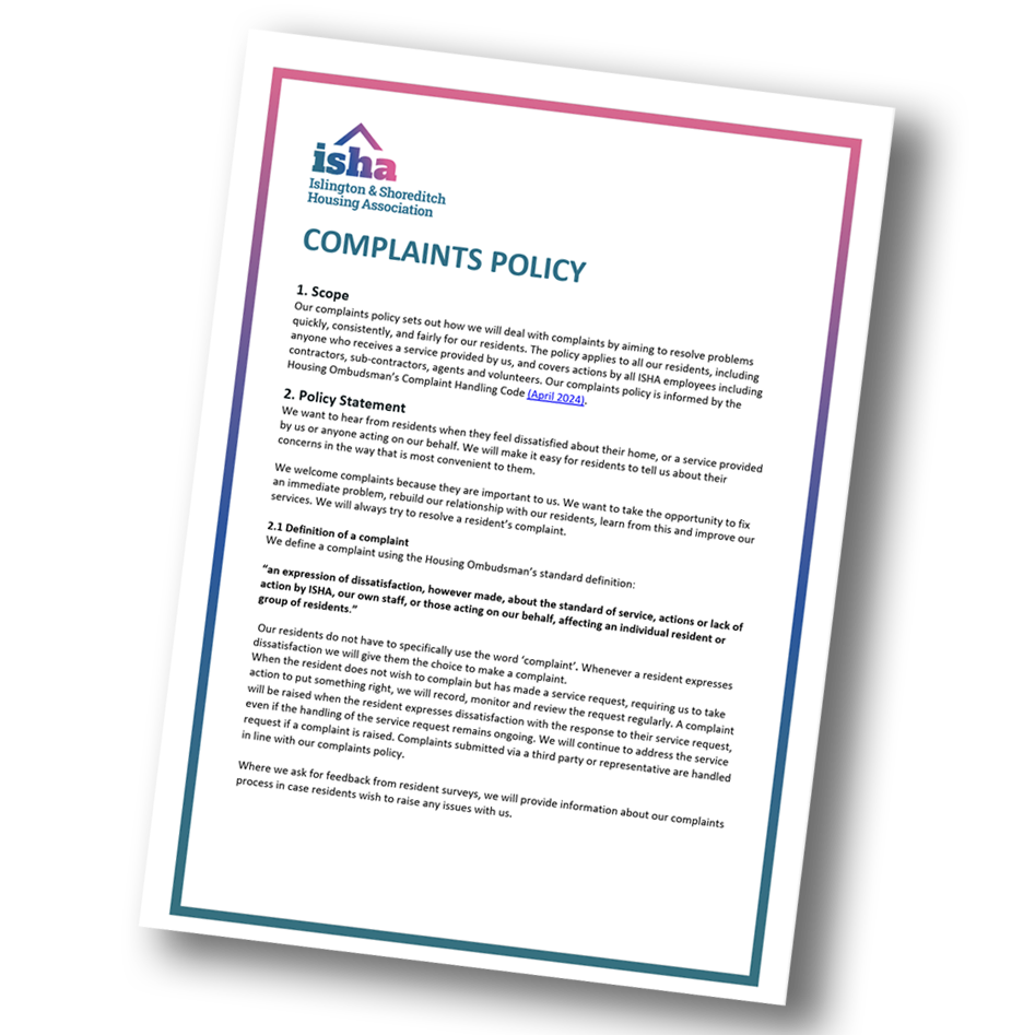 The first page of ISHA's complaints policy.