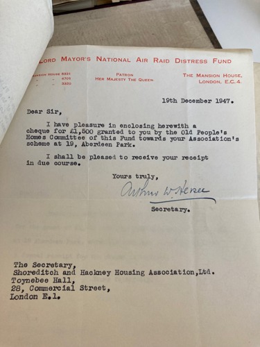 Copy of a letter from 1947 allocating funds to ISHA to develop Aberdeen Park.